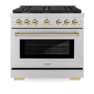 ZLINE Autograph Edition 36 in. 5.2 cu. ft. Paramount Gas Range with 6 Burner Cooktop and Convection Gas Oven in Stainless Steel and Polished Gold Accents (SGRZ-36-G) front, oven closed.