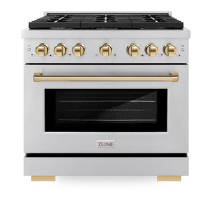 ZLINE Autograph Edition 36 in. 5.2 cu. ft. 6 Burner Gas Range with Convection Gas Oven in Stainless Steel and Polished Gold Accents (SGRZ-36-G) front, oven closed.