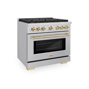 ZLINE Autograph Edition 36 in. 5.2 cu. ft. Paramount Gas Range with 6 Burner Cooktop and Convection Gas Oven in Stainless Steel and Polished Gold Accents (SGRZ-36-G) main image.