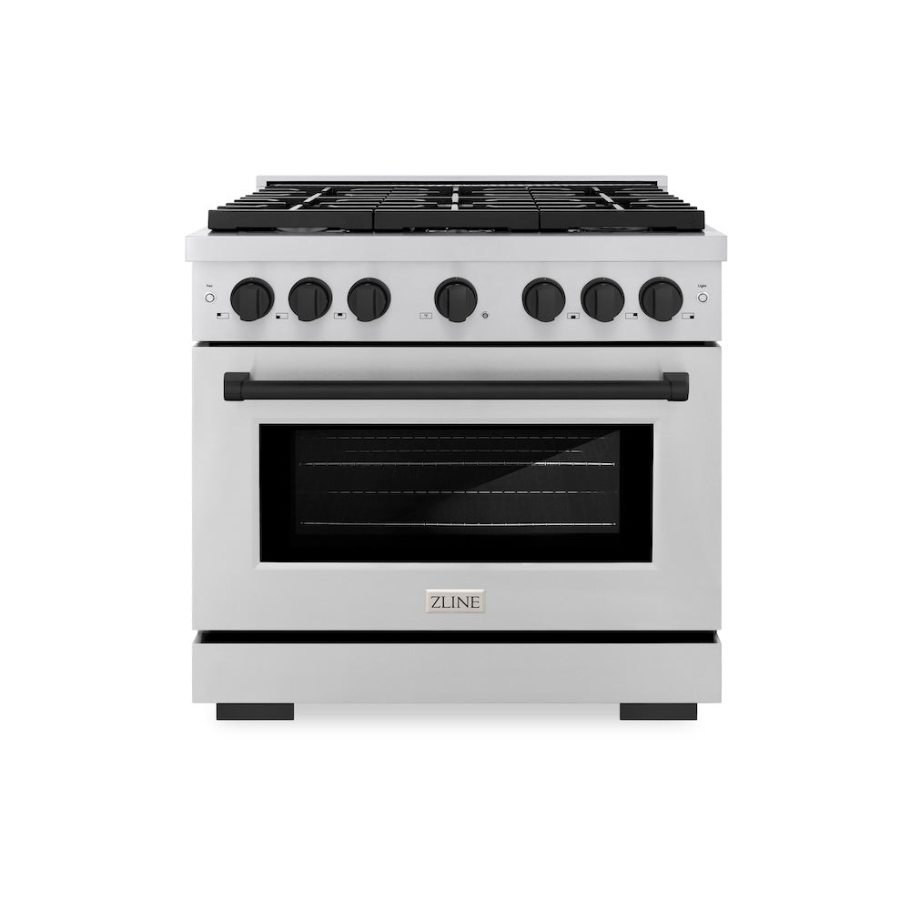 ZLINE Autograph Edition 36 in. 5.2 cu. ft. Paramount Gas Range with 6 Burner Cooktop and Convection Gas Oven in Stainless Steel and Matte Black Accents (SGRZ-36-MB) front.