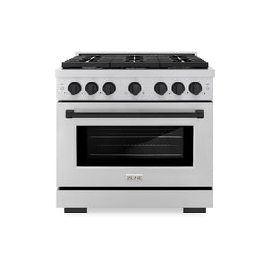 ZLINE Autograph Edition 36 in. 5.2 cu. ft. Paramount Gas Range with 6 Burner Cooktop and Convection Gas Oven in Stainless Steel and Matte Black Accents (SGRZ-36-MB) front.