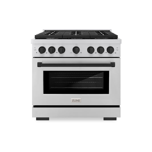 ZLINE Autograph Edition 36 in. 5.2 cu. ft. Paramount Gas Range with 6 Burner Cooktop and Convection Gas Oven in Stainless Steel and Matte Black Accents (SGRZ-36-MB) front.