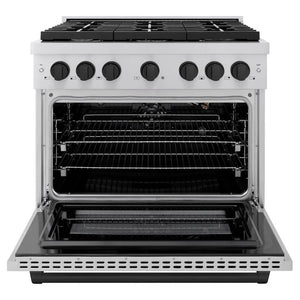 ZLINE Autograph Edition 36 in. 5.2 cu. ft. Paramount Gas Range with 6 Burner Cooktop and Convection Gas Oven in Stainless Steel and Matte Black Accents (SGRZ-36-MB) front, open.