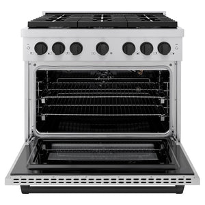 ZLINE Autograph Edition 36 in. 5.2 cu. ft. 6 Burner Gas Range with Convection Gas Oven in Stainless Steel and Matte Black Accents (SGRZ-36-MB) front, with oven open.