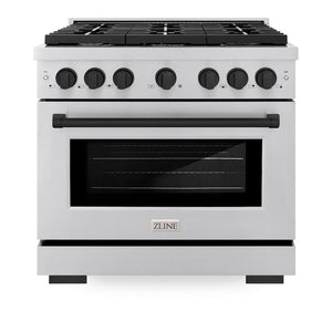 ZLINE Autograph Edition 36 in. 5.2 cu. ft. Paramount Gas Range with 6 Burner Cooktop and Convection Gas Oven in Stainless Steel and Matte Black Accents (SGRZ-36-MB) front, oven closed.