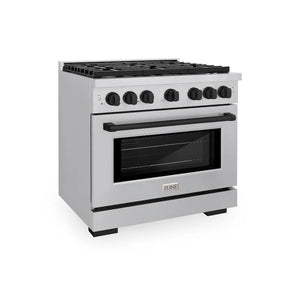 ZLINE Autograph Edition 36 in. 5.2 cu. ft. Paramount Gas Range with 6 Burner Cooktop and Convection Gas Oven in Stainless Steel and Matte Black Accents (SGRZ-36-MB) main image.