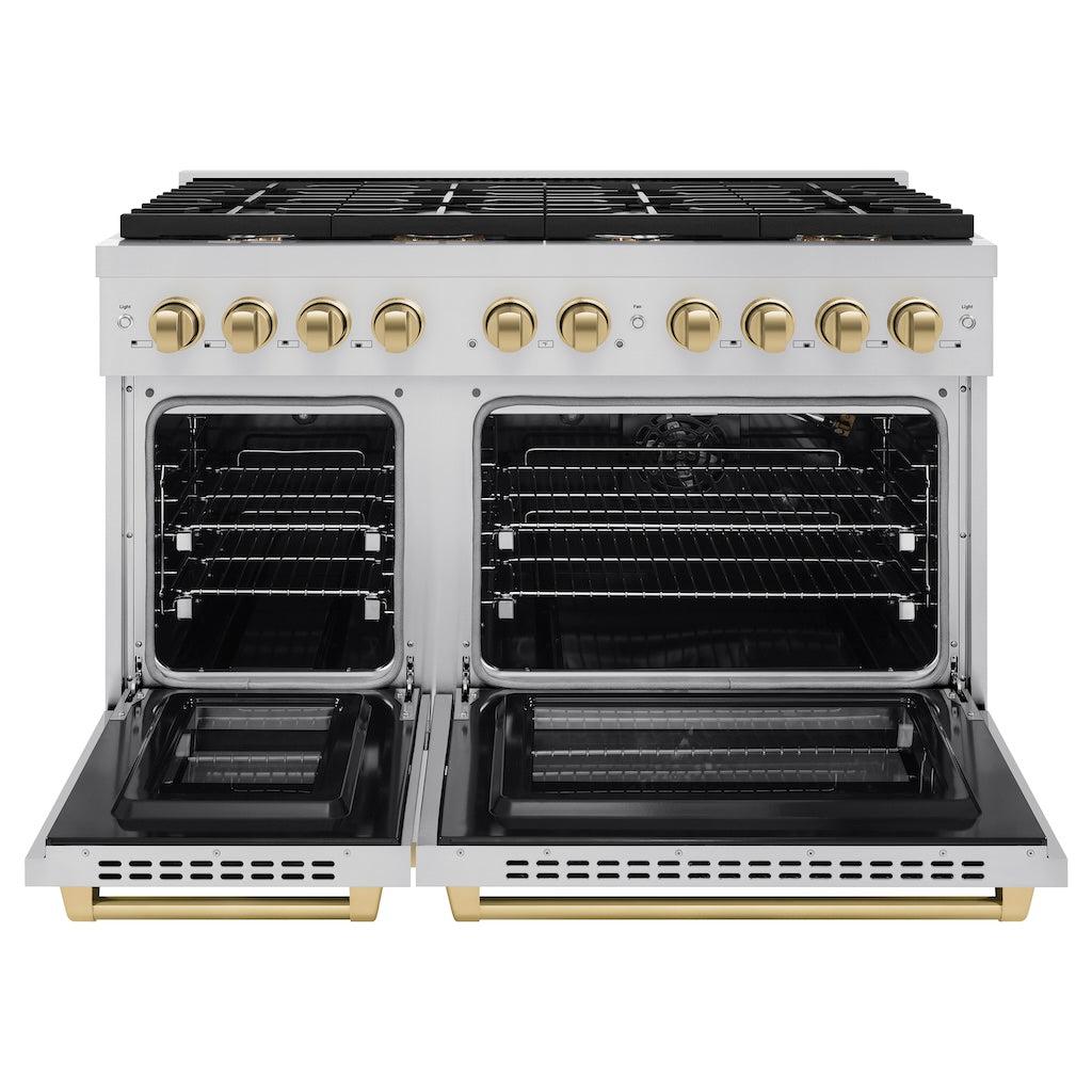 ZLINE Autograph Edition 48 in. 6.7 cu. ft. 8 Burner Double Oven Gas Range in Stainless Steel and Champagne Bronze Accents (SGRZ-48-CB) front, with oven open.