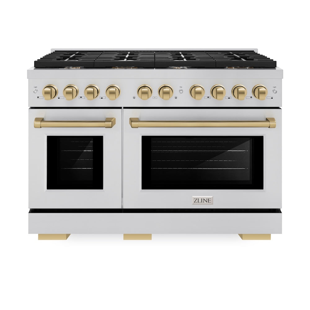 ZLINE Autograph Edition 48 in. 6.7 cu. ft. Paramount Double Oven Gas Range with 8 Burner Cooktop in Stainless Steel and Champagne Bronze Accents (SGRZ-48-CB) front, oven closed.