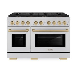 ZLINE Autograph Edition 48 in. 6.7 cu. ft. Paramount Double Oven Gas Range with 8 Burner Cooktop in Stainless Steel and Champagne Bronze Accents (SGRZ-48-CB) front, oven closed.