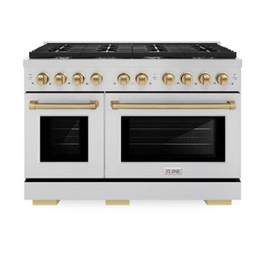 ZLINE Autograph Edition 48 in. 6.7 cu. ft. 8 Burner Double Oven Gas Range in Stainless Steel and Champagne Bronze Accents (SGRZ-48-CB) front, oven closed.