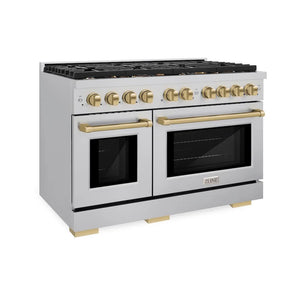 ZLINE Autograph Edition 48 in. 6.7 cu. ft. Paramount Double Oven Gas Range with 8 Burner Cooktop in Stainless Steel and Champagne Bronze Accents (SGRZ-48-CB) main image.