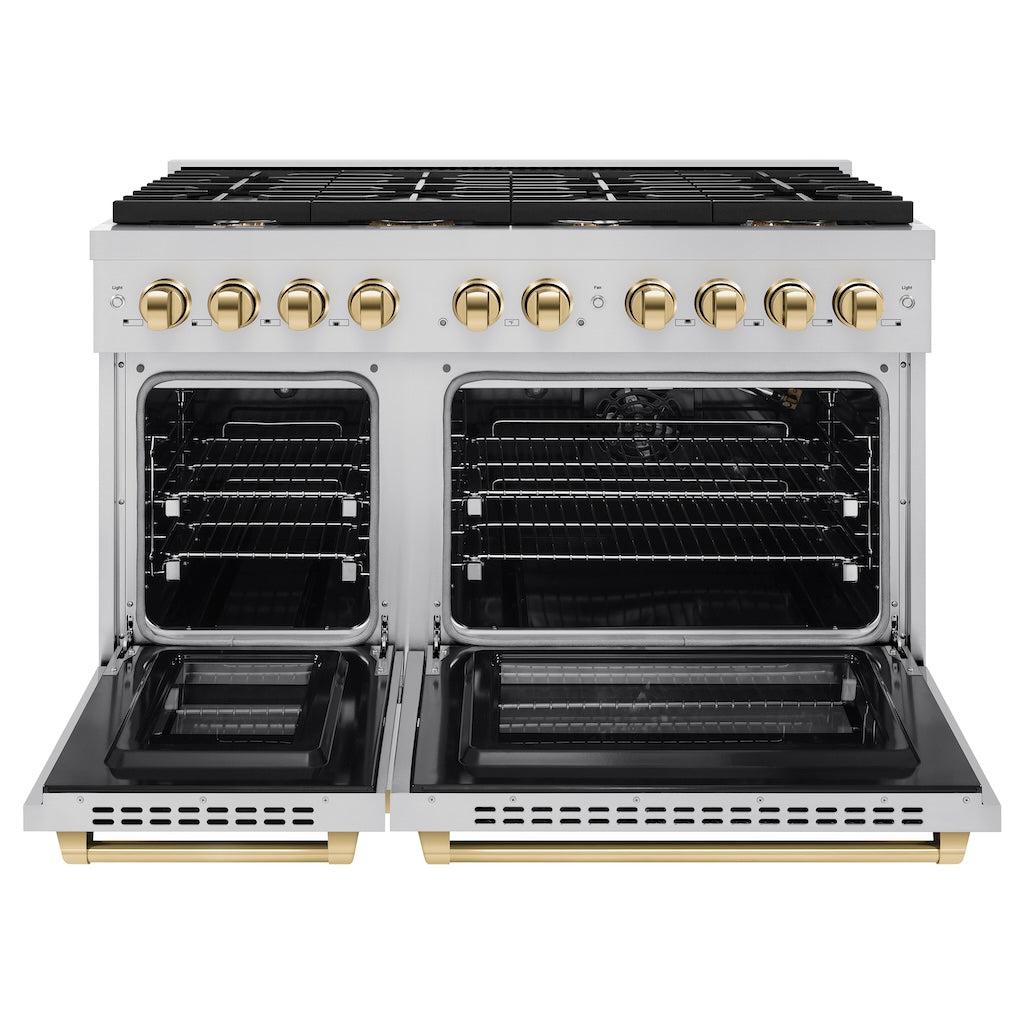 ZLINE Autograph Edition 48 in. 6.7 cu. ft. 8 Burner Double Oven Gas Range in Stainless Steel and Polished Gold Accents (SGRZ-48-G) front, with oven open.