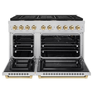 ZLINE Autograph Edition 48 in. 6.7 cu. ft. Paramount Double Oven Gas Range with 8 Burner Cooktop in Stainless Steel and Polished Gold Accents (SGRZ-48-G) front, open.