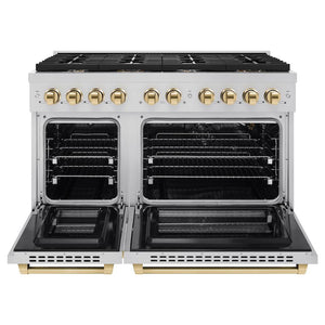 ZLINE Autograph Edition 48 in. 6.7 cu. ft. 8 Burner Double Oven Gas Range in Stainless Steel and Polished Gold Accents (SGRZ-48-G) front, oven open.