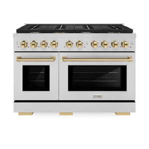 ZLINE Autograph Edition 48 in. 6.7 cu. ft. Paramount Double Oven Gas Range with 8 Burner Cooktop in Stainless Steel and Polished Gold Accents (SGRZ-48-G) front, oven closed.