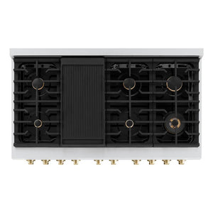 ZLINE Autograph Edition 48 in. 6.7 cu. ft. Paramount Double Oven Gas Range with 8 Burner Cooktop in Stainless Steel and Polished Gold Accents (SGRZ-48-G) top-down, above cooktop.