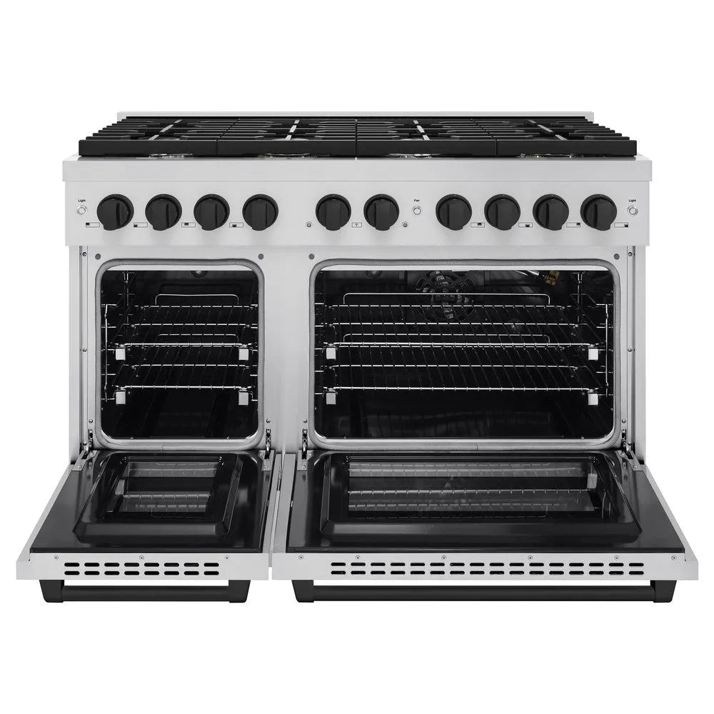 ZLINE Autograph Edition 48 in. 6.7 cu. ft. Paramount Double Oven Gas Range with 8 Burner Cooktop in Stainless Steel and Matte Black Accents (SGRZ-48-MB) front, open.