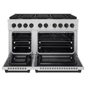 ZLINE Autograph Edition 48 in. 6.7 cu. ft. Paramount Double Oven Gas Range with 8 Burner Cooktop in Stainless Steel and Matte Black Accents (SGRZ-48-MB) front, open.