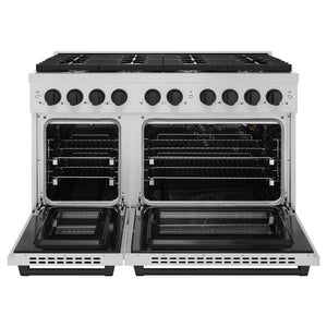 ZLINE Autograph Edition 48 in. 6.7 cu. ft. 8 Burner Double Oven Gas Range in Stainless Steel and Matte Black Accents (SGRZ-48-MB) front, with oven open.