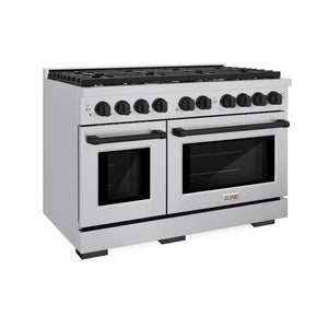 ZLINE Autograph Edition 48 in. 6.7 cu. ft. Paramount Double Oven Gas Range with 8 Burner Cooktop in Stainless Steel and Matte Black Accents (SGRZ-48-MB) main image.