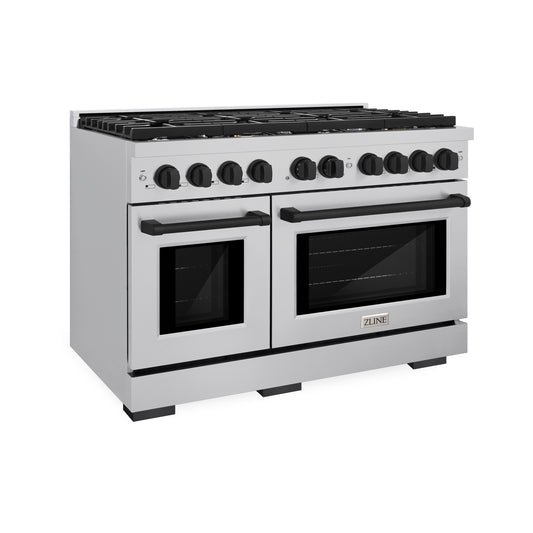 ZLINE Autograph Edition 48 in. 6.7 cu. ft. Paramount Double Oven Gas Range with 8 Burner Cooktop in Stainless Steel and Matte Black Accents (SGRZ-48-MB) side, oven closed.