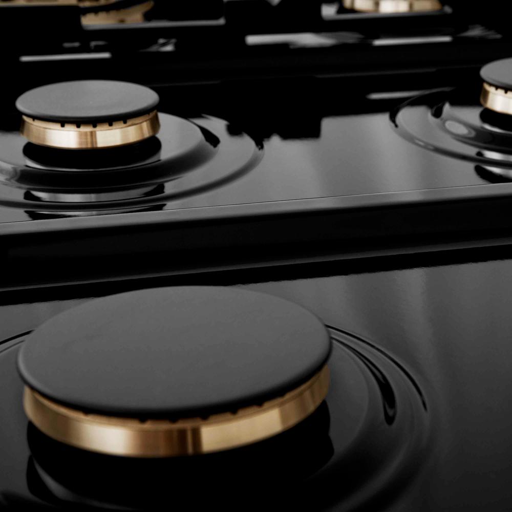 ZLINE Autograph Edition 36 in. Legacy Gas Rangetop with 6 Burners and Porcelain Cooktop in Stainless Steel with Champagne Bronze Accents (RTZ-36-CB) close-up brass burners.