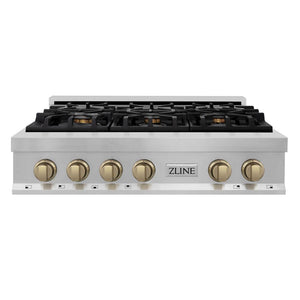 ZLINE Autograph Edition 36 in. Legacy Gas Rangetop with 6 Burners and Porcelain Cooktop in Stainless Steel with Champagne Bronze Accents (RTZ-36-CB) main image.