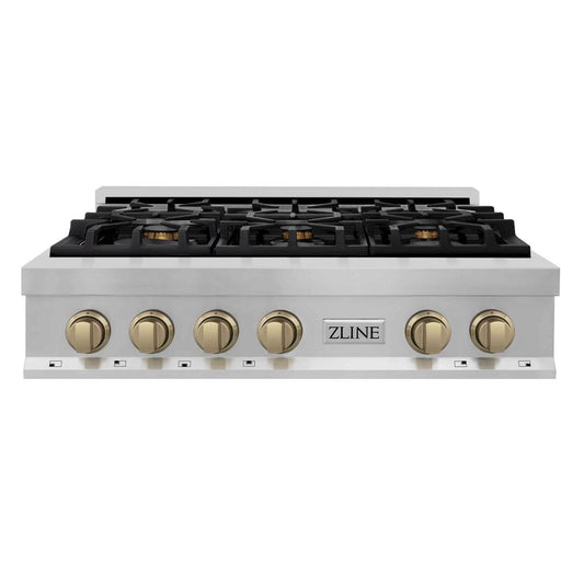 ZLINE Autograph Edition 36 in. Legacy Gas Rangetop with 6 Burners and Porcelain Cooktop in Stainless Steel with Champagne Bronze Accents (RTZ-36-CB) main image.