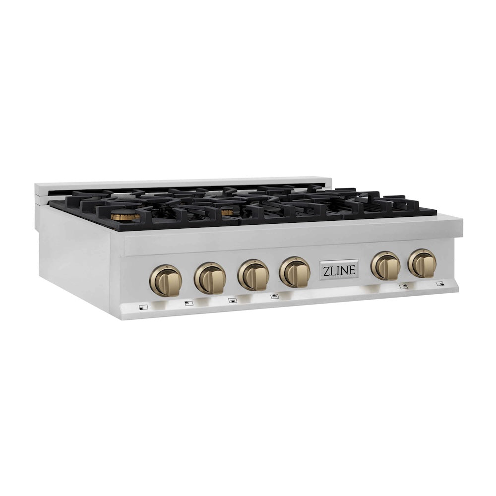 ZLINE Autograph Edition 36 in. Legacy Gas Rangetop with 6 Burners and Porcelain Cooktop in Stainless Steel with Champagne Bronze Accents (RTZ-36-CB) side.