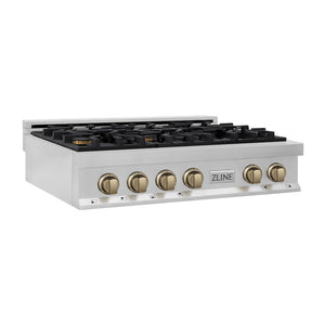 ZLINE Autograph Edition 36 in. Legacy Gas Rangetop with 6 Burners and Porcelain Cooktop in Stainless Steel with Champagne Bronze Accents (RTZ-36-CB) side.