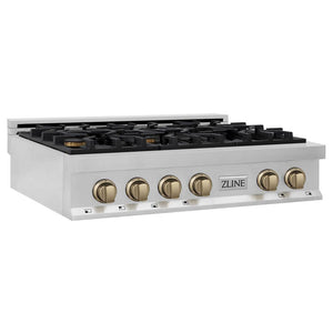 ZLINE Autograph Edition 36 in. Legacy Gas Rangetop with 6 Burners and Porcelain Cooktop in Stainless Steel with Champagne Bronze Accents (RTZ-36-CB) side.