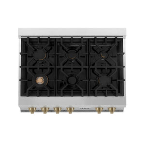 ZLINE Autograph Edition 36 in. Legacy Gas Rangetop with 6 Burners and Porcelain Cooktop in Stainless Steel with Champagne Bronze Accents (RTZ-36-CB) top-down, above cooking surface.