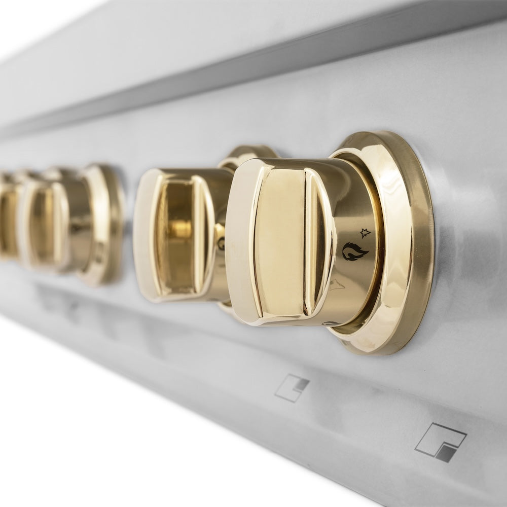 ZLINE Autograph Edition 36 in. Legacy Gas Rangetop with 6 Burners and Porcelain Cooktop in Stainless Steel with Polished Gold Accents (RTZ-36-G) close-up, knobs.