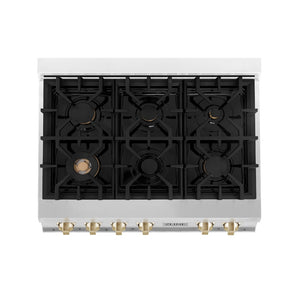 ZLINE Autograph Edition 36 in. Legacy Gas Rangetop with 6 Burners and Porcelain Cooktop in Stainless Steel with Polished Gold Accents (RTZ-36-G) top-down, above cooking surface.