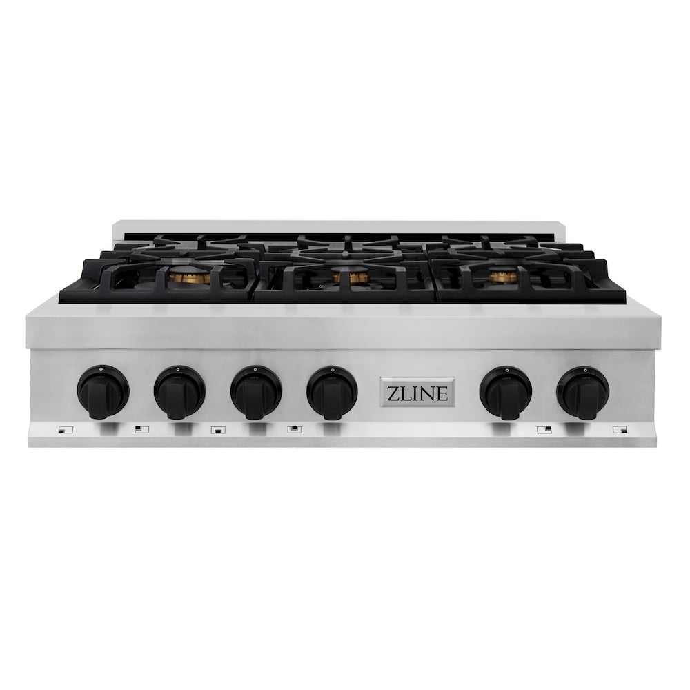 ZLINE Autograph Edition 36 in. Legacy Gas Rangetop with 6 Burners and Porcelain Cooktop in Stainless Steel with Matte Black Accents (RTZ-36-MB) front.