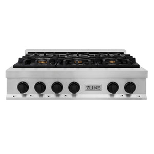 ZLINE Autograph Edition 36 in. Legacy Gas Rangetop with 6 Burners and Porcelain Cooktop in Stainless Steel with Matte Black Accents (RTZ-36-MB) front.