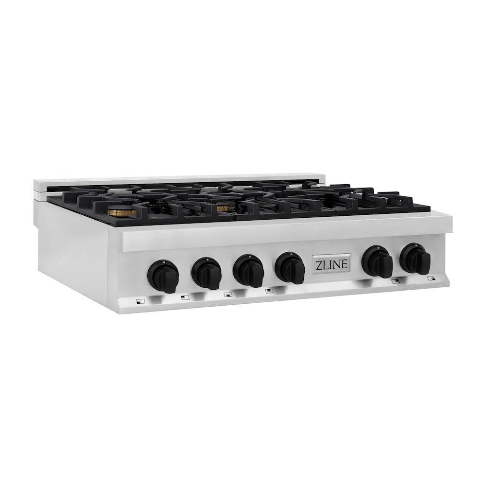 ZLINE Autograph Edition 36 in. Legacy Gas Rangetop with 6 Burners and Porcelain Cooktop in Stainless Steel with Matte Black Accents (RTZ-36-MB) side.