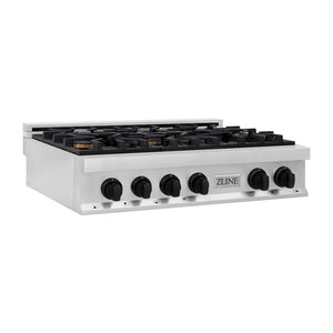 ZLINE Autograph Edition 36 in. Legacy Gas Rangetop with 6 Burners and Porcelain Cooktop in Stainless Steel with Matte Black Accents (RTZ-36-MB) side.
