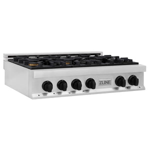 ZLINE Autograph Edition 36 in. Legacy Gas Rangetop with 6 Burners and Porcelain Cooktop in Stainless Steel with Matte Black Accents (RTZ-36-MB) main image.