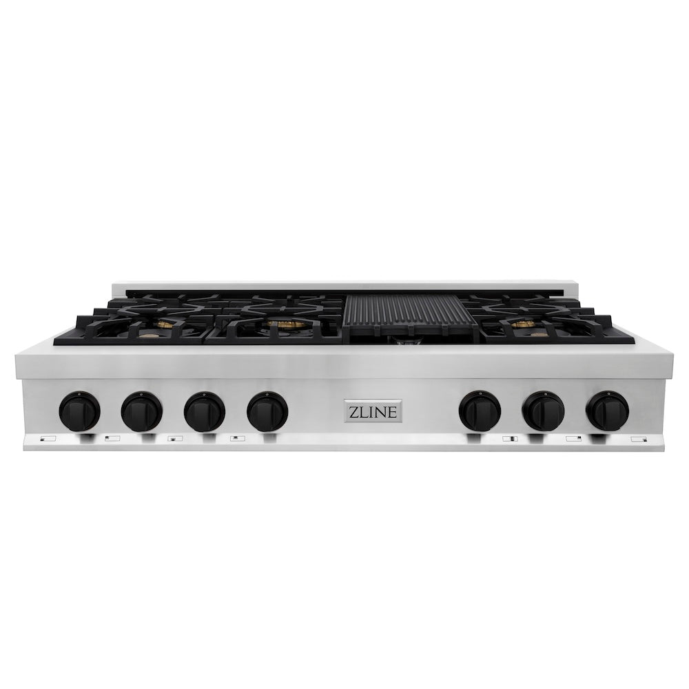 ZLINE Autograph Edition 48 in. Legacy Gas Rangetop with 7 Burners and Porcelain Cooktop in Stainless Steel with Matte Black Accents (RTZ-48-MB) front.