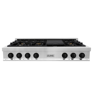 ZLINE Autograph Edition 48 in. Legacy Gas Rangetop with 7 Burners and Porcelain Cooktop in Stainless Steel with Matte Black Accents (RTZ-48-MB) front.