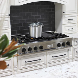 ZLINE Autograph Edition 48 in. Legacy Gas Rangetop with 7 Burners and Porcelain Cooktop in Stainless Steel with Matte Black Accents (RTZ-48-MB) in a kitchen with black tiled backsplash and white cabinets.