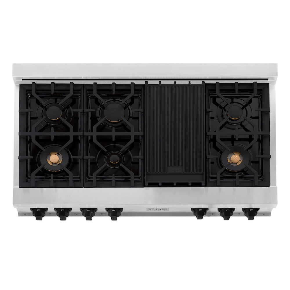 ZLINE Autograph Edition 48 in. Legacy Gas Rangetop with 7 Burners and Porcelain Cooktop in Stainless Steel with Matte Black Accents (RTZ-48-MB) top-down, above cooking surface.