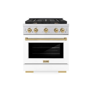ZLINE Autograph Edition 30 in. 4.2 cu. ft. Paramount Dual Fuel Range with 4 Burner Gas Cooktop and Electric Convection Oven in Stainless Steel with White Matte Door and Champagne Bronze Accents (SDRZ-WM-30-CB) front, oven closed.