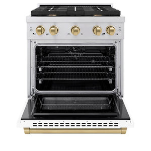 ZLINE Autograph Edition 30 in. 4.2 cu. ft. Paramount Dual Fuel Range with 4 Burner Gas Cooktop and Electric Convection Oven in Stainless Steel with White Matte Door and Champagne Bronze Accents (SDRZ-WM-30-CB) front, open.