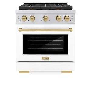 ZLINE Autograph Edition 30 in. 4.2 cu. ft. Paramount Dual Fuel Range with 4 Burner Gas Cooktop and Electric Convection Oven in Stainless Steel with White Matte Door and Champagne Bronze Accents (SDRZ-WM-30-CB) front, oven closed.