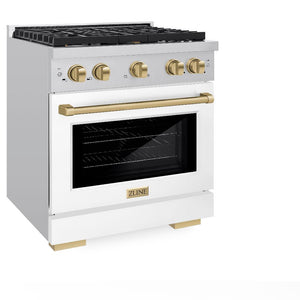 ZLINE Autograph Edition 30 in. 4.2 cu. ft. Paramount Dual Fuel Range with 4 Burner Gas Cooktop and Electric Convection Oven in Stainless Steel with White Matte Door and Champagne Bronze Accents (SDRZ-WM-30-CB) side, oven closed.