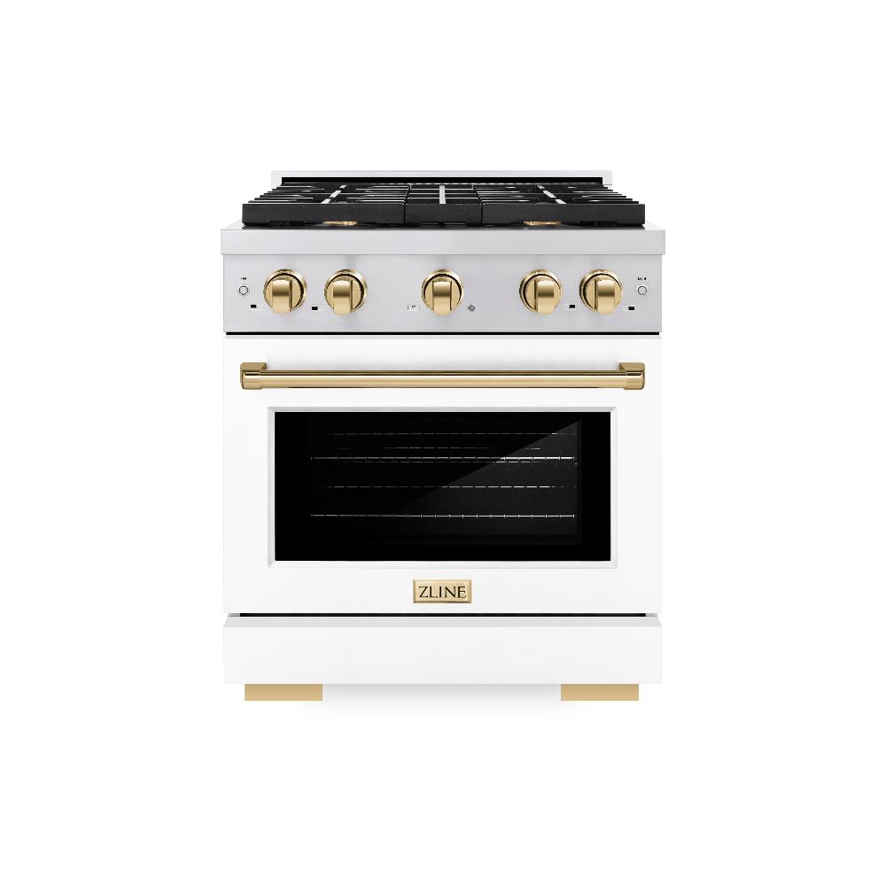 ZLINE Autograph Edition 30 in. 4.2 cu. ft. Paramount Dual Fuel Range with 4 Burner Gas Cooktop and Electric Convection Oven in Stainless Steel with White Matte Door and Polished Gold Accents (SDRZ-WM-30-G) front, oven closed.