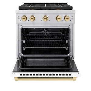 ZLINE Autograph Edition 30 in. 4.2 cu. ft. Paramount Dual Fuel Range with 4 Burner Gas Cooktop and Electric Convection Oven in Stainless Steel with White Matte Door and Polished Gold Accents (SDRZ-WM-30-G) front, oven open.