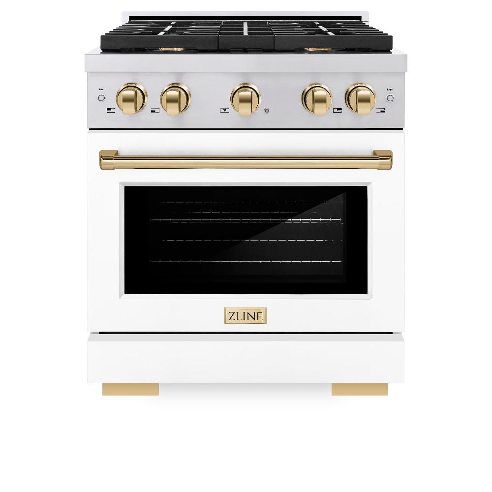 ZLINE Autograph Edition 30 in. 4.2 cu. ft. Paramount Dual Fuel Range with 4 Burner Gas Cooktop and Electric Convection Oven in Stainless Steel with White Matte Door and Polished Gold Accents (SDRZ-WM-30-G) front, oven closed.